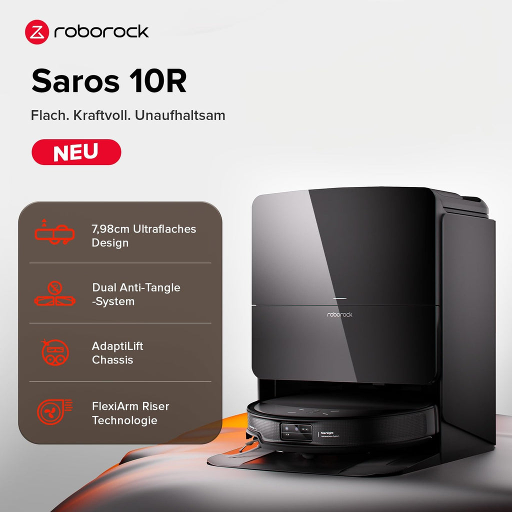 roborock Saros 10R Saugroboter 22000Pa, 7,98cm flach, FlexiArm Mopp, StarSight 2.0, Zero-Tangle