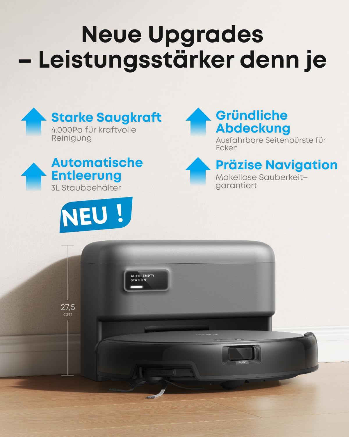 eufy C10 Saugroboter mit Absaugstation, 4.000 Pa, 7,3 cm ultraflach, ausfahrbare Seitenbürste, 3L Staubbeutel