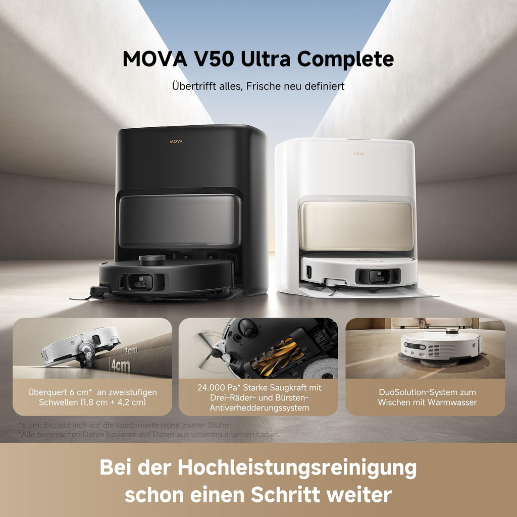 Mova V50 Ultra Complete Saugroboter 24.000 Pa 6cm Hindernisüberwindung Heißwasser-Wischfunktion