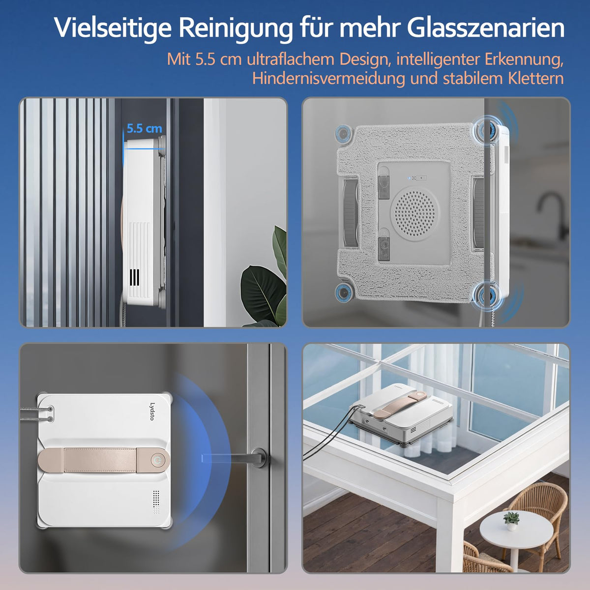 Lydsto WL07Max Fensterputzroboter mit Sprühfunktion kompakt, Vier Ultraschall Wasserdüsen, Eckenreinigung,8000Pa Elektrischer Fensterputzer 110ML Tank, 4 Reinigungsmodi (Weiß)