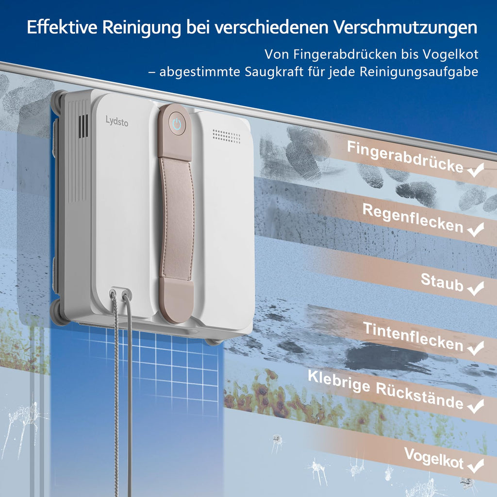 Lydsto WL07Max Fensterputzroboter mit Sprühfunktion kompakt, Vier Ultraschall Wasserdüsen, Eckenreinigung,8000Pa Elektrischer Fensterputzer 110ML Tank, 4 Reinigungsmodi (Weiß)