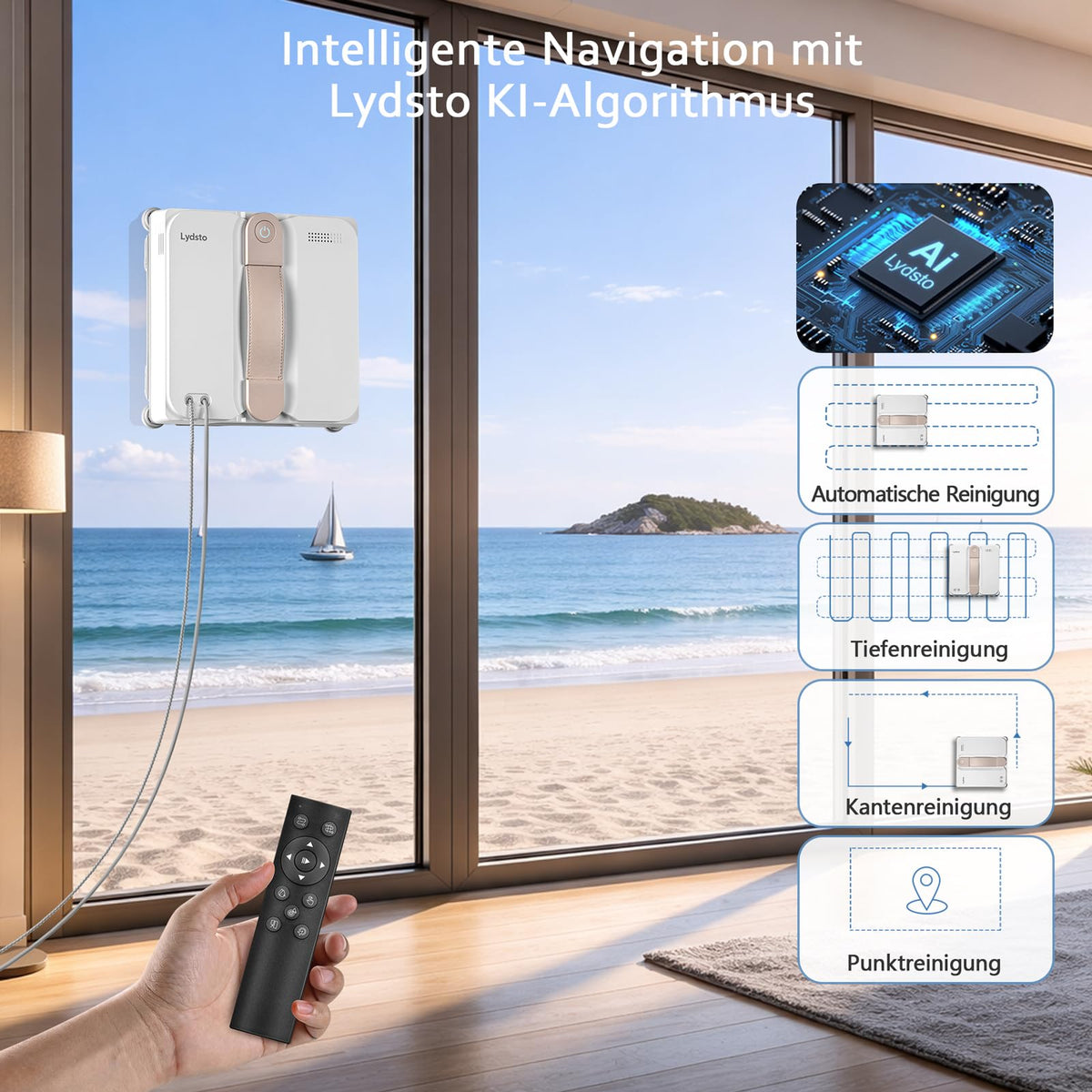 Lydsto WL07Max Fensterputzroboter mit Sprühfunktion kompakt, Vier Ultraschall Wasserdüsen, Eckenreinigung,8000Pa Elektrischer Fensterputzer 110ML Tank, 4 Reinigungsmodi (Weiß)
