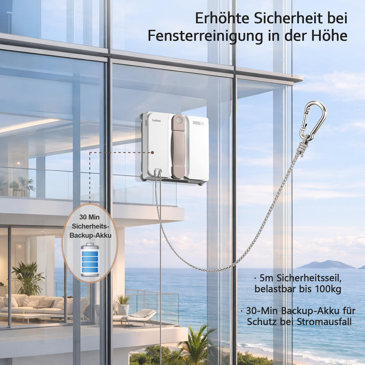 Lydsto WL07Max Fensterputzroboter mit Sprühfunktion kompakt, Vier Ultraschall Wasserdüsen, Eckenreinigung,8000Pa Elektrischer Fensterputzer 110ML Tank, 4 Reinigungsmodi (Weiß)