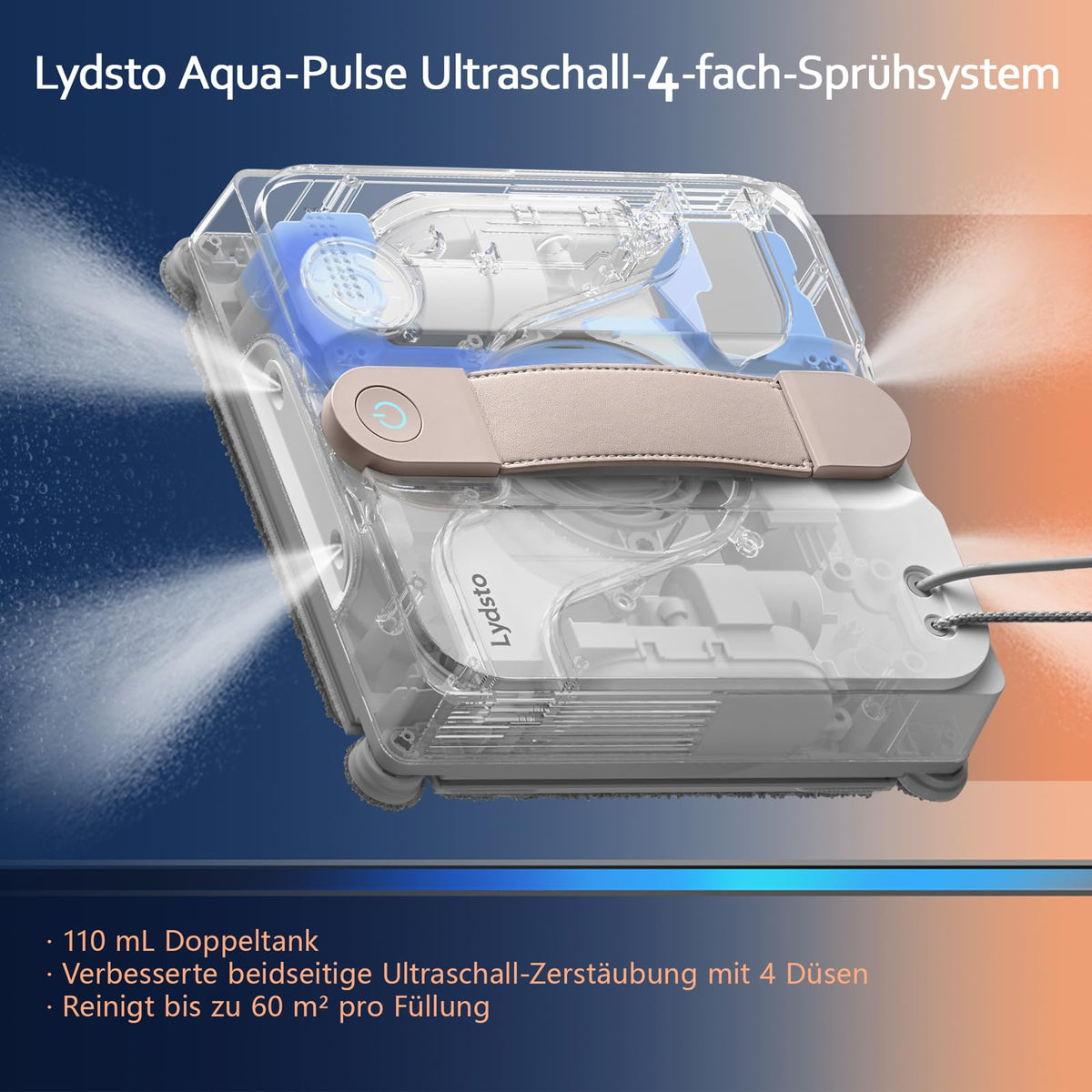 Lydsto WL07Max Fensterputzroboter mit Sprühfunktion kompakt, Vier Ultraschall Wasserdüsen, Eckenreinigung,8000Pa Elektrischer Fensterputzer 110ML Tank, 4 Reinigungsmodi (Weiß)