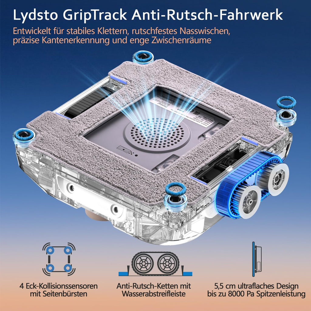 Lydsto WL07Max Fensterputzroboter mit Sprühfunktion kompakt, Vier Ultraschall Wasserdüsen, Eckenreinigung,8000Pa Elektrischer Fensterputzer 110ML Tank, 4 Reinigungsmodi (Weiß)