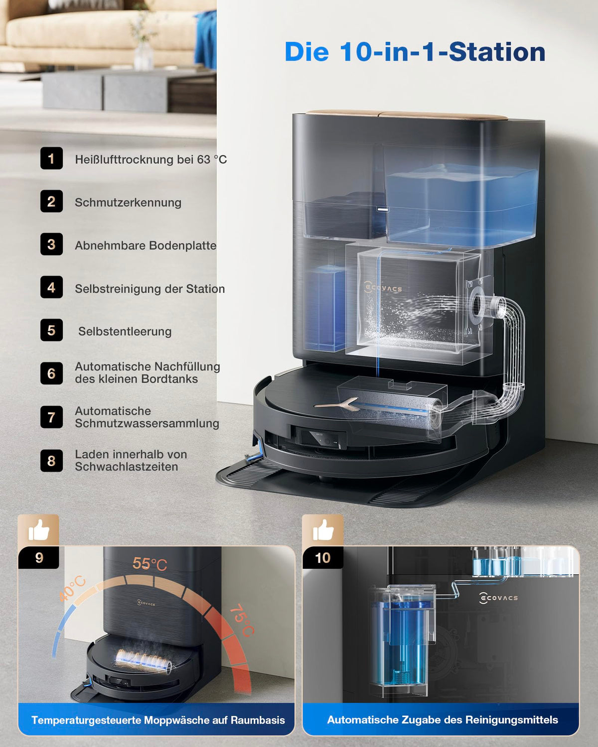 ECOVACS DEEBOT X9 PRO Omni Saugroboter mit Wischfunktion, 16.600 Pa, Absaugstation, Heißwasser-Moppwäsche