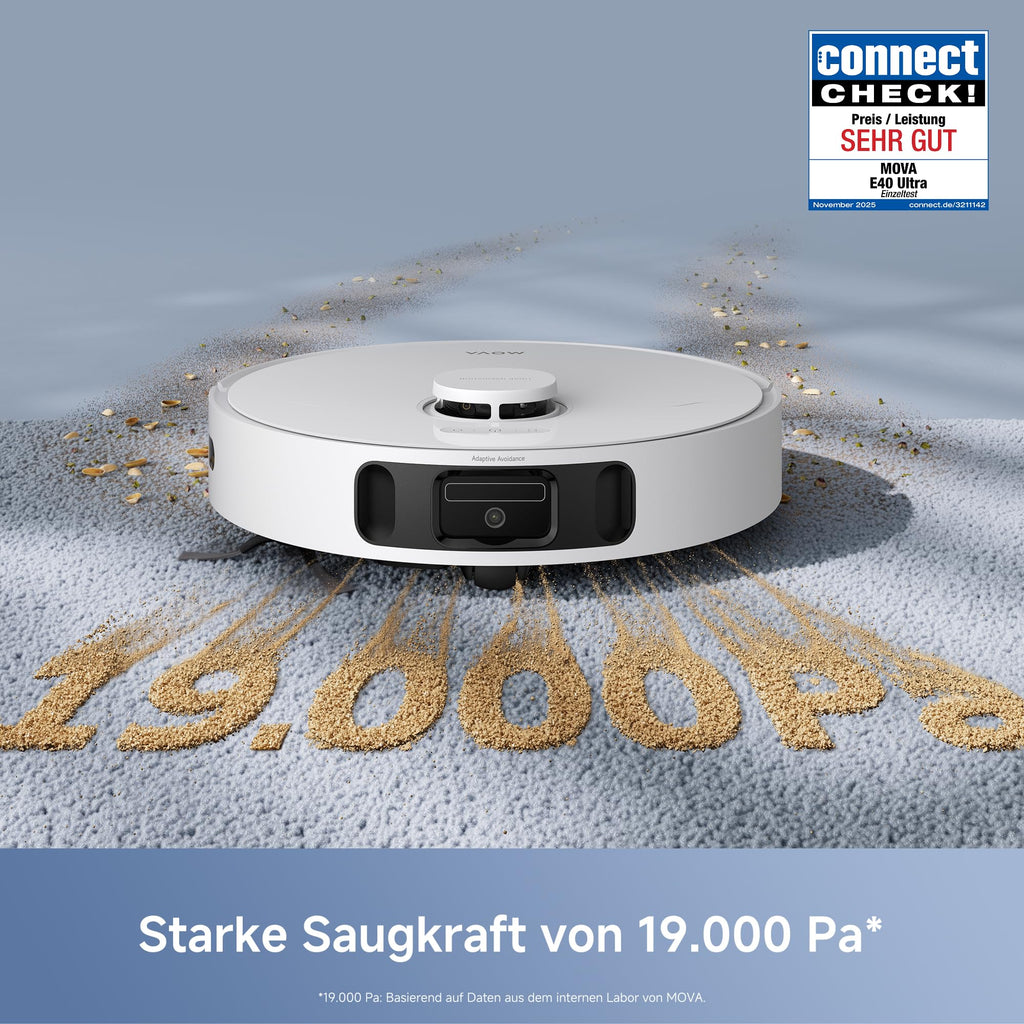 Mova E40 Ultra Saugroboter mit Wischfunktion, 19.000Pa, Absaugstation, MaxiReach-Wischmopp, 80ml Tank